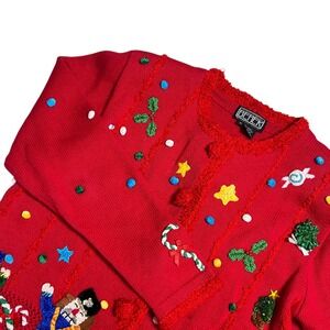 Berek Vtg Nutcracker Ugly Christmas Sweater Red Beaded Cardigan Womens Medium